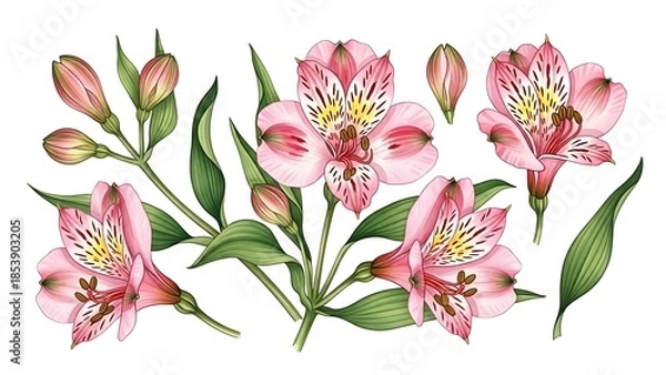 Obraz 淡いピンクの花びら 優雅な花束の装飾的な水彩イラスト