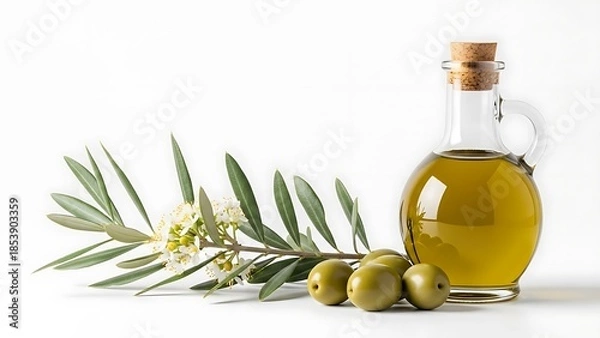 Obraz 新鮮なオリーブ油と枝葉が清潔感のある背景に並ぶ静物