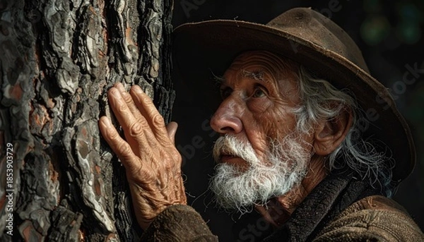 Obraz Elderly Man Examining Tree Bark