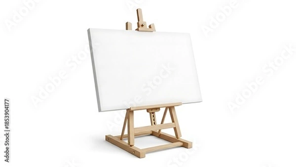 Obraz 明るい背景に置かれた木製イーゼルと白いキャンバス