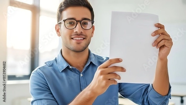 Obraz 明るい室内で笑顔の男性が白い紙を見せる瞬間