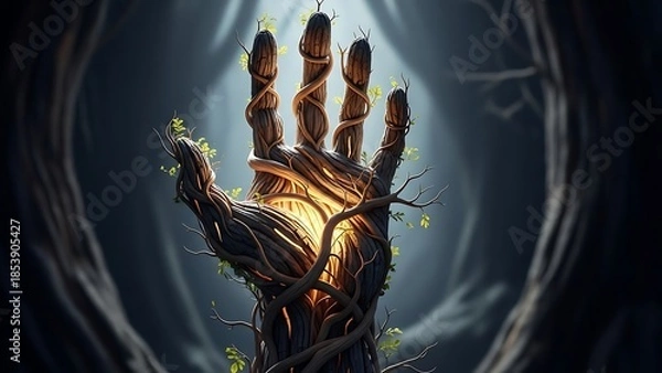 Obraz 森の神秘的な手、明るい光の中で木々がそびえ立つ