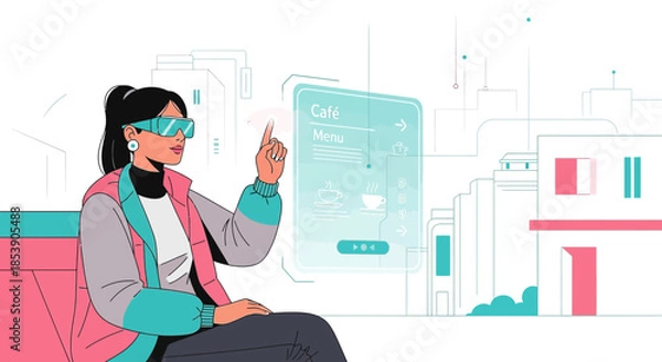 Fototapeta Virtual reality immersion in a future cafe interface interactive ordering experience