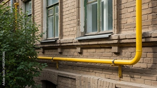 Obraz 明るい日の下でレンガ壁の建物に通る黄色いパイプ