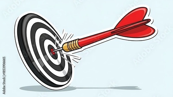 Obraz 赤いダーツがターゲットの中心に正確に命中するイラスト
