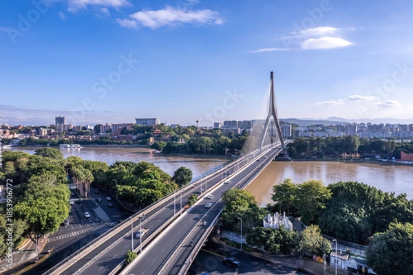 Fototapeta Aerial View of Modern Suspension Bridge Over River