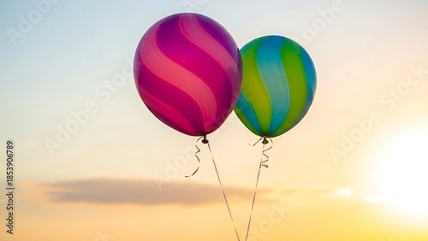 Obraz 空に向かって浮かぶ二つの風船、明るい色彩が際立つ瞬間