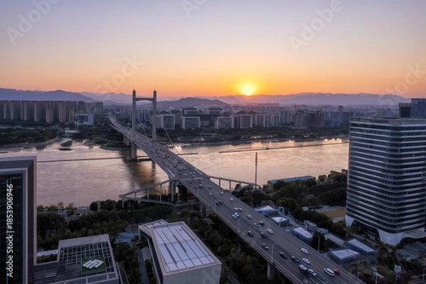 Obraz Sunset Over Urban Bridge with Cityscape