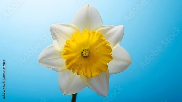 Obraz 青色の背景で輝く白いスイセンの花のマクロ撮影