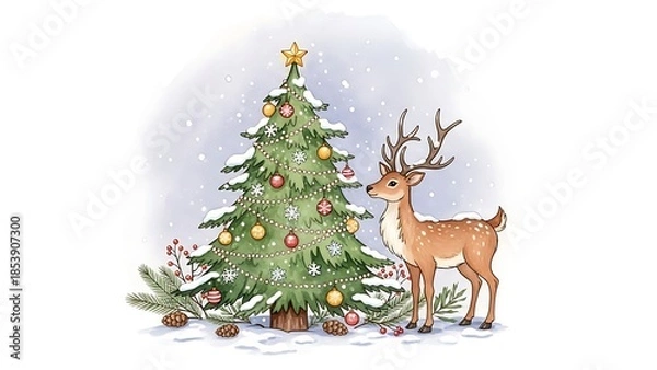 Obraz クリスマスツリーの隣に立つ鹿のイラストと雪の降る背景