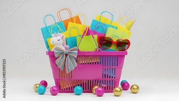 Obraz ショッピングバスケットにカラフルなアイテムが明るく満載されている様子