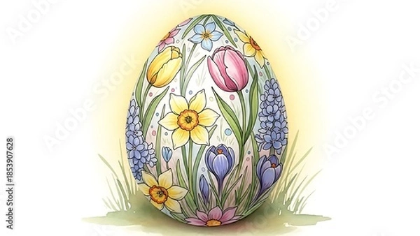 Obraz 花のモチーフで飾られたイースターエッグが優しく輝くイラスト