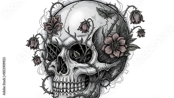 Obraz 繊細な花と絡み合う頭蓋骨のモノクロイラストレーション