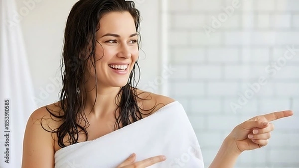 Obraz タオル姿の女性が笑顔で指差す明るいバスルームの光景
