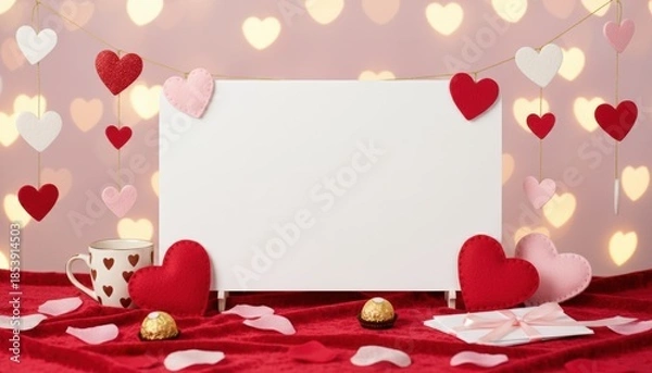 Fototapeta Romantic valentine's day decoration setup cozy indoor setting heart-themed display soft lighting warm ambiance love celebration concept