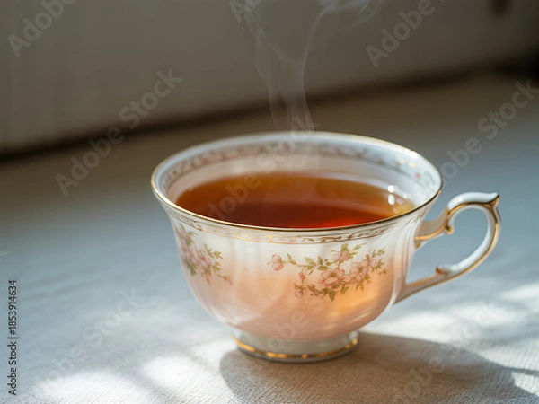 Obraz 花柄ティーカップと熱い紅茶