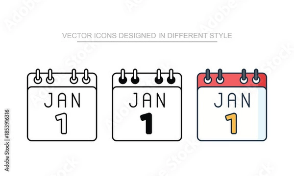 Obraz January 1st icon set in different style with white background illustration