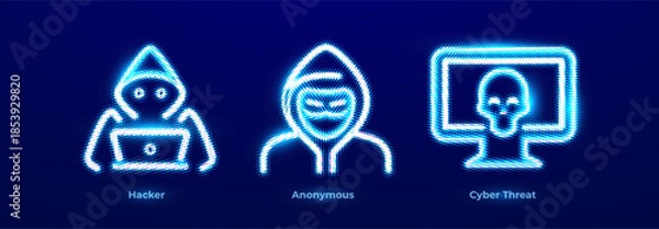 Obraz Hacker Attack Data Breach Malware Ransomware Dark Web Icons Set. Anonymous Mask Privacy Resistance Protest Operation Neon Logo. Cyber Threat Risk Alert Pics for Digital Business. Vector Illustration