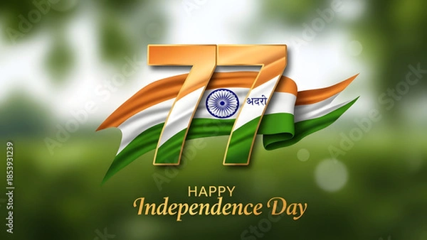 Fototapeta Happy Seventy Seventh Independence Day celebration with Indian flag colors and symbolic numerals on a green bokeh background