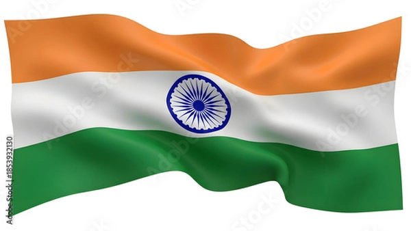 Fototapeta A digitally rendered image of the Indian flag waving in the wind against a white background featuring the saffron white and green stripes with the navy blue Ashok Chakra in the center