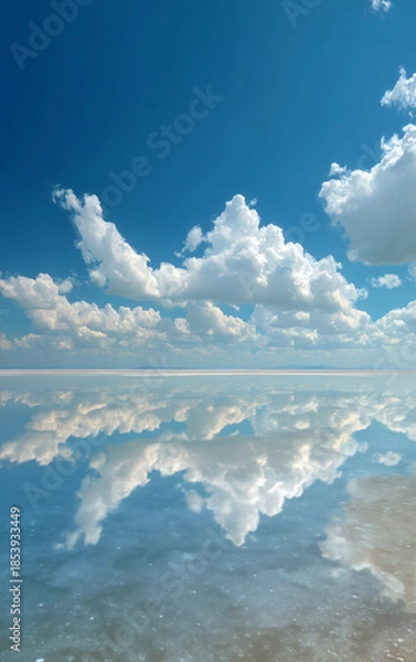 Obraz Blue Sky Fluffy Clouds Salt Flat Mirror Reflection Vertical