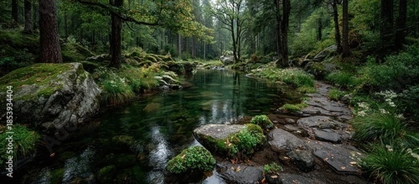 Obraz A tranquil stream flows through a lush, mossy forest