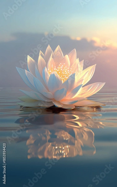 Obraz Glowing White Lotus Bloom Sunset Water Reflection Art