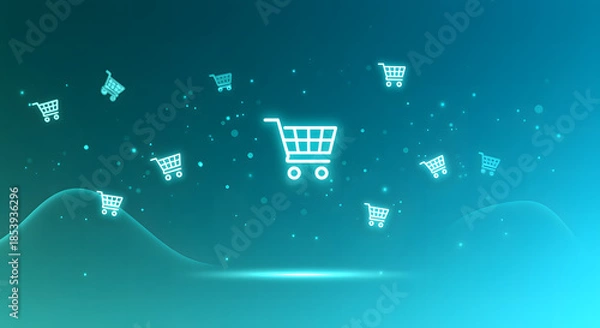 Obraz White shopping carts on a glowing blue green abstract background