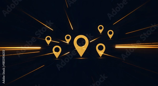 Obraz Yellow map pins on dark background with light streaks