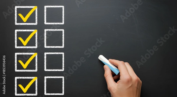 Obraz Hand marking yellow checkmarks on a chalkboard checklist