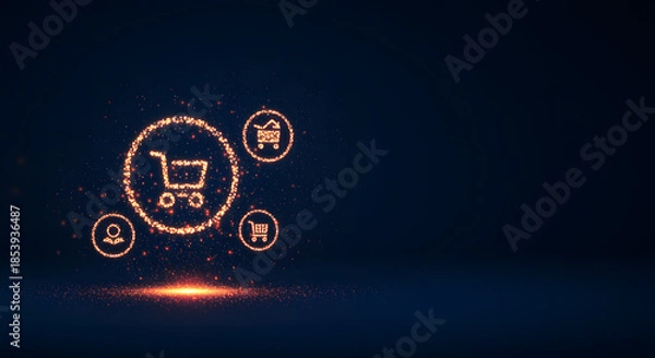 Obraz Glowing shopping cart icons on dark blue background