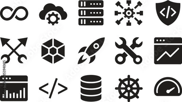 Fototapeta Technology Development Icon Silhouette Vector Set, Coding Server Cloud Gear Symbols Collection Isolated On White Background