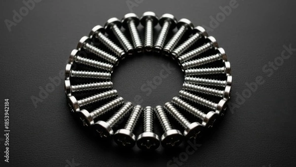 Obraz Circular arrangement of shiny metal bolts on a dark background.