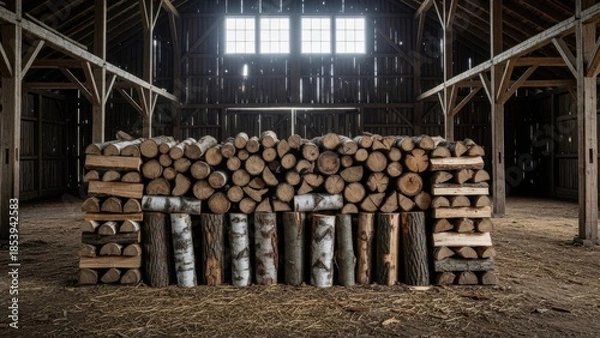 Obraz Firewood Stacked Inside Old Barn with Natural Light.