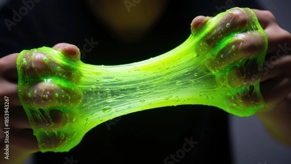 Obraz Stretchy green slime held between two hands, glowing and vibrant.