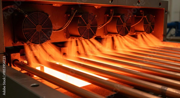 Fototapeta Medium shot of an air heating system in a copper extrusion die, showing fans blowing hot air over the copper rods to rapidly increase temperature and heat