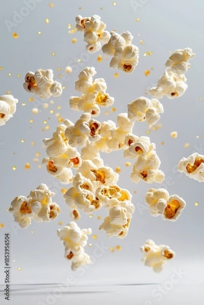 Obraz floating buttered popcorn with cinema light effect, isolated on white background