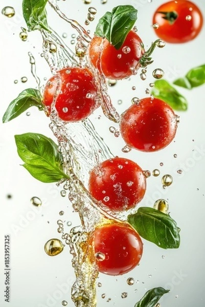 Fototapeta floating cherry tomatoes with basil leaves and olive oil splash, isolated on white background