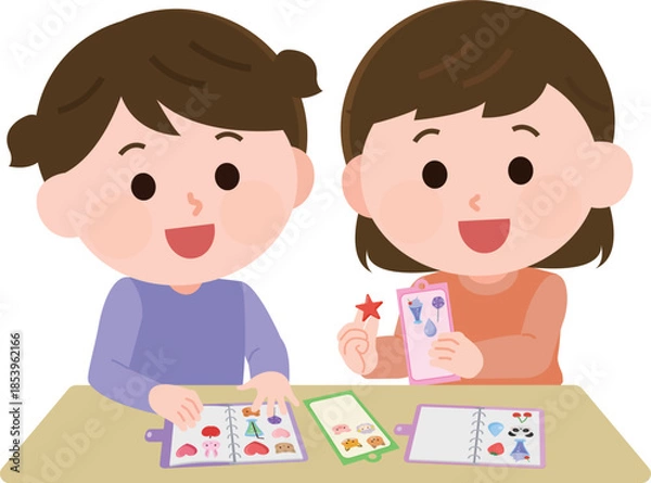Obraz シール交換をする女の子たち　イラスト