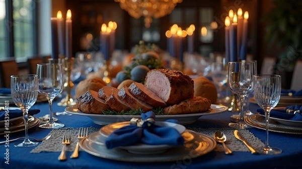 Obraz Elegant dinner table set with roasted meat and candles