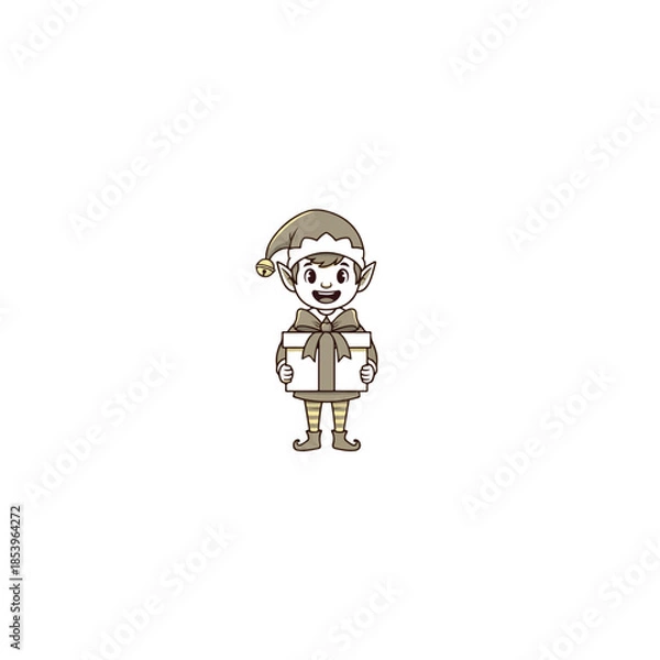 Fototapeta Cartoon elf child holding gift box.