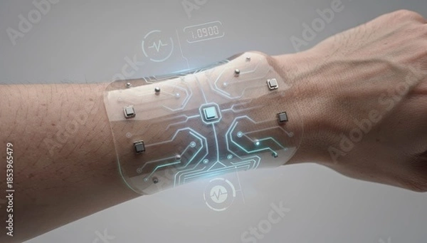 Obraz Human wrist wearing a futuristic flexible e-skin sensor patch.