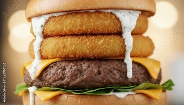 Obraz Gourmet Burger Stacked High With Crispy Onion Rings Melted Cheese and Creamy Sauce on a Toasted Bun