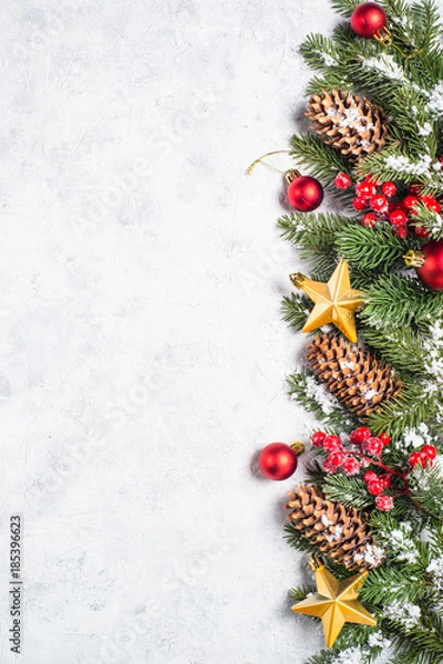 Fototapeta Christmas background. with fir tree and decorations.