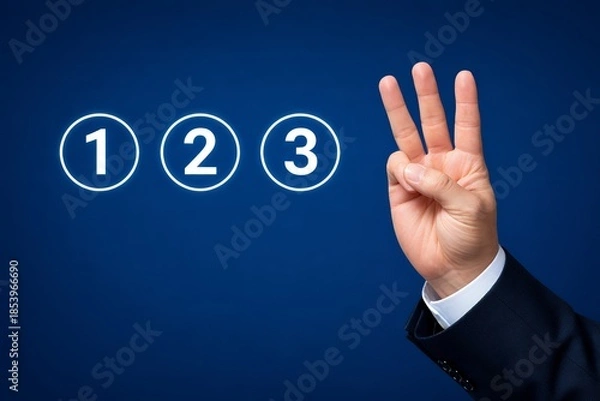 Obraz 青い背景で三本の指を立てて手順や重要ポイントを示すビジネスマンの説明イメージ