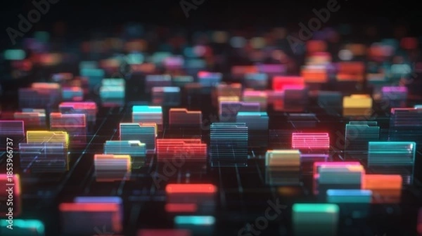 Obraz Abstract network grid with files and folders, futuristic software interface, digital document management system, store, search and organize documents, corporate business, paperless office	
