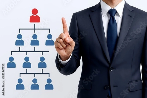 Obraz 組織図と指示を示すビジネスマンが伝える会社組織と指揮系統のイメージ