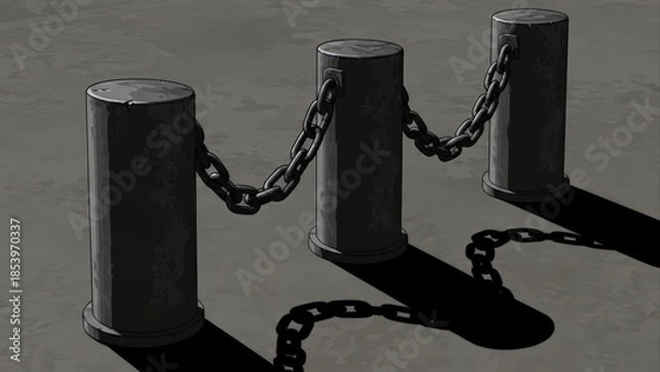 Fototapeta Three Bollards Connected by Heavy Chains Casting Shadows.