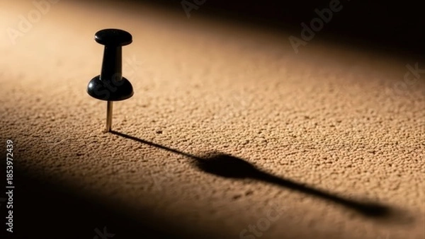 Fototapeta Black pushpin casting a long shadow on a textured surface under dramatic lighting.