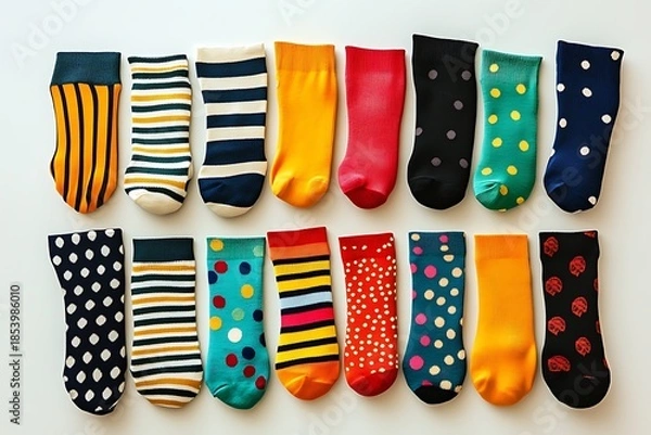Obraz Assorted vibrant socks with different patterns displayed separately